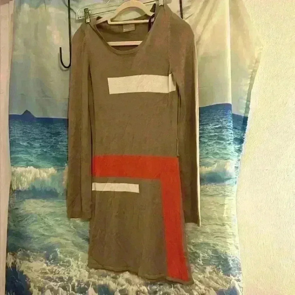 Evolution by Cyrus Geometric Tan Orange and White Knee Length Dress - Picture 1 of 17